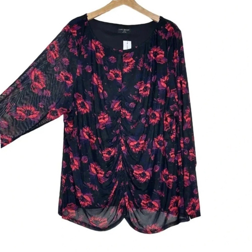 Lane Bryant Blouse 30/32 Black Floral‎ Ruched Mesh Overlay Peplum Top